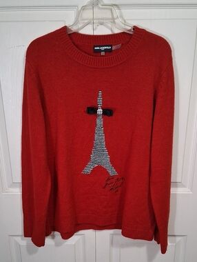 Karl Lagerfeld Red Eiffel Tower Crewneck Sweater with Bow - XL